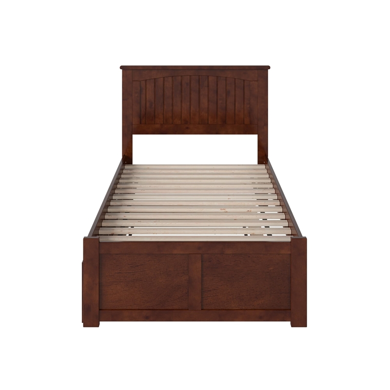 Nantucket Twin Wood Platform Bed with Footboard and Twin Trundle in Walnut