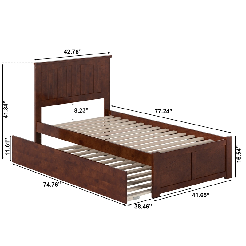 Nantucket Twin Wood Platform Bed with Footboard and Twin Trundle in Walnut