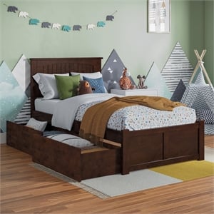 Nantucket Twin Wood Platform Bed with Footboard and Storage Drawers in Walnut