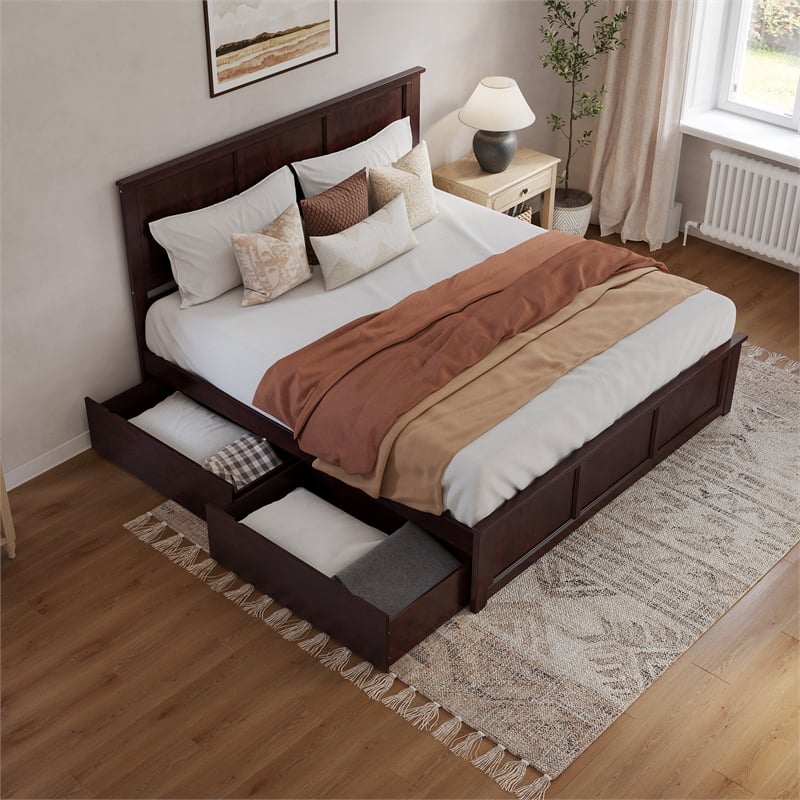 Madison King Wood Platform Bed with Matching Footboard and Drawers in Espresso
