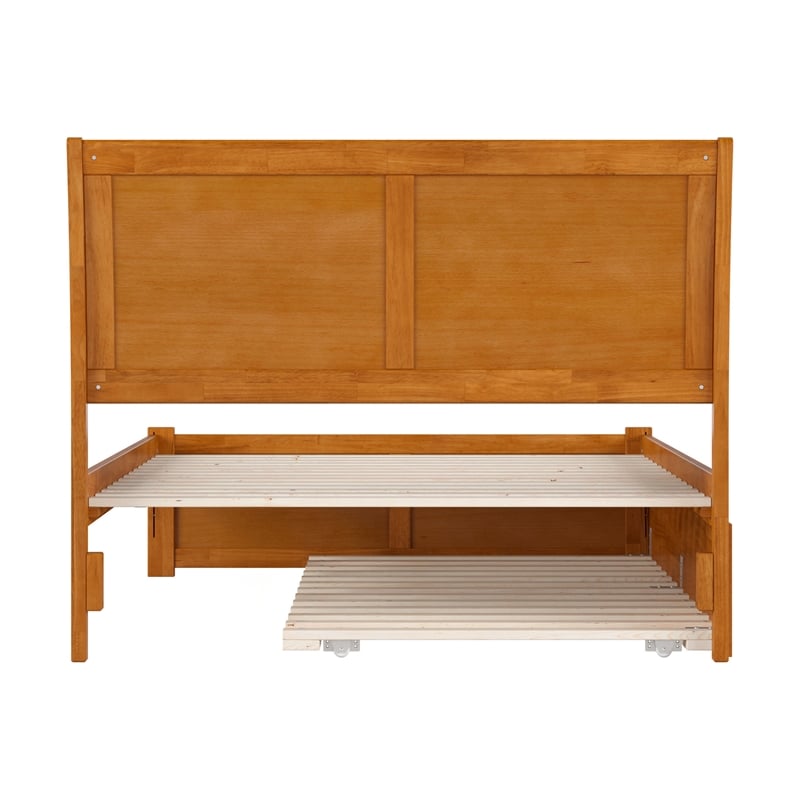 Portland Full Wood Platform Bed with Footboard and Twin Trundle in Light Toffee