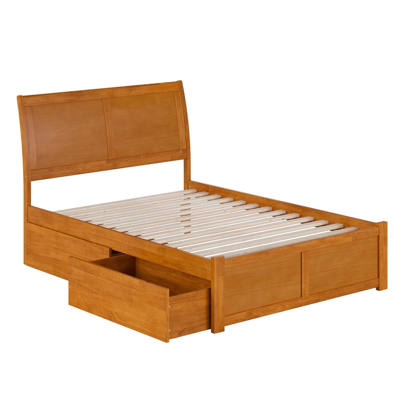 Portland Full Wood Platform Bed with Footboard and Drawers in Light Toffee