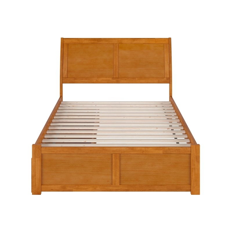 Portland Full Wood Platform Bed with Footboard and Drawers in Light Toffee