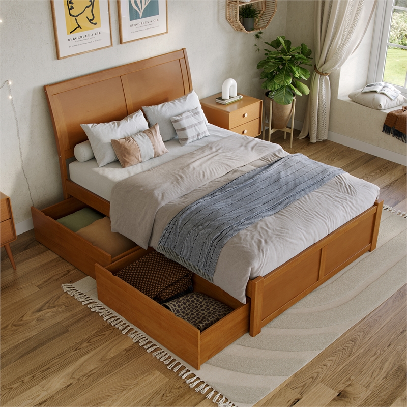 Portland Full Wood Platform Bed with Footboard and Drawers in Light Toffee