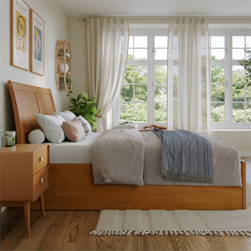 Portland Full Wood Platform Bed with Footboard and Drawers in Light Toffee