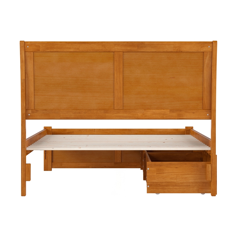 Portland Full Wood Platform Bed with Footboard and Drawers in Light Toffee