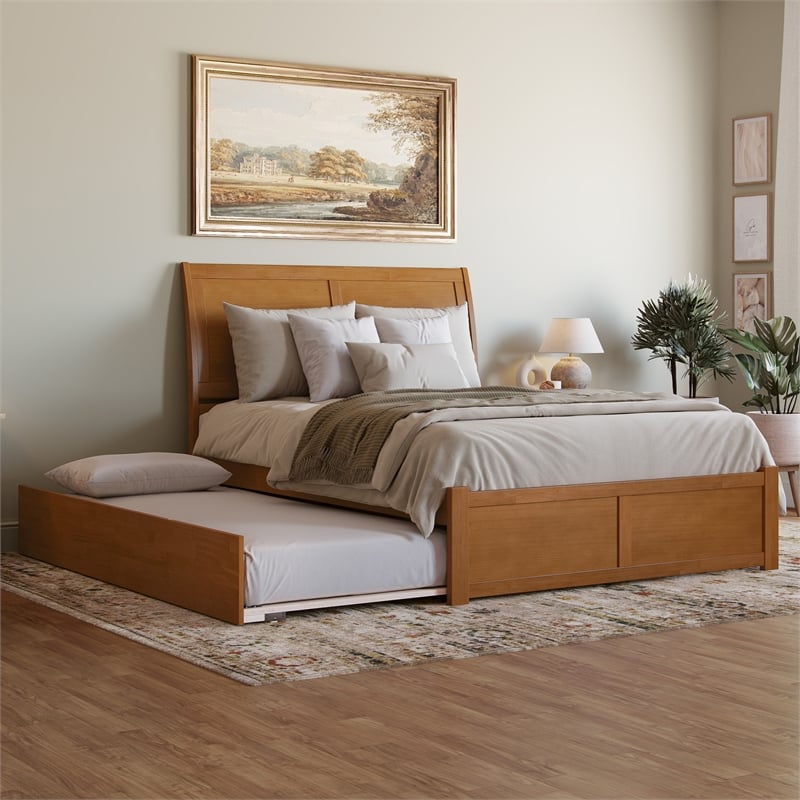 Portland Queen Wood Platform Bed with Footboard and TXL Trundle in Light Toffee