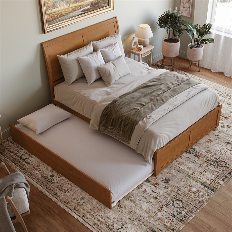 Portland Queen Wood Platform Bed with Footboard and TXL Trundle in Light Toffee