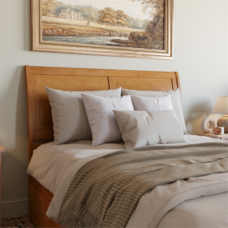Portland Queen Wood Platform Bed with Footboard and TXL Trundle in Light Toffee