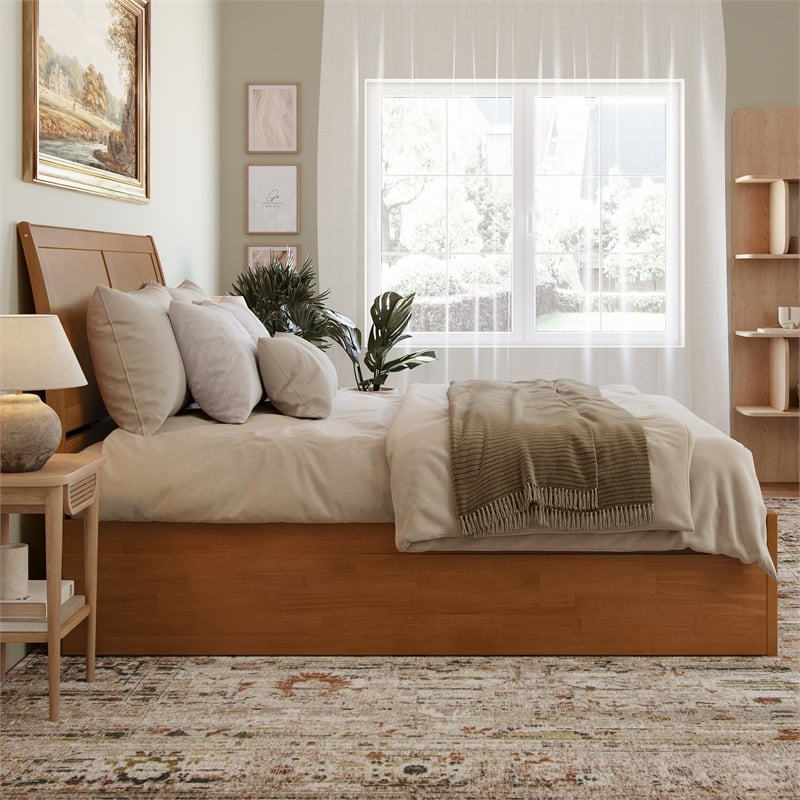 Portland Queen Wood Platform Bed with Footboard and TXL Trundle in Light Toffee
