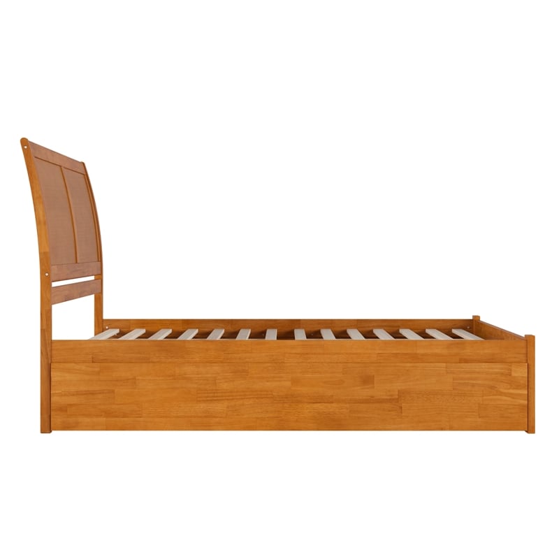 Portland Queen Wood Platform Bed with Footboard and TXL Trundle in Light Toffee