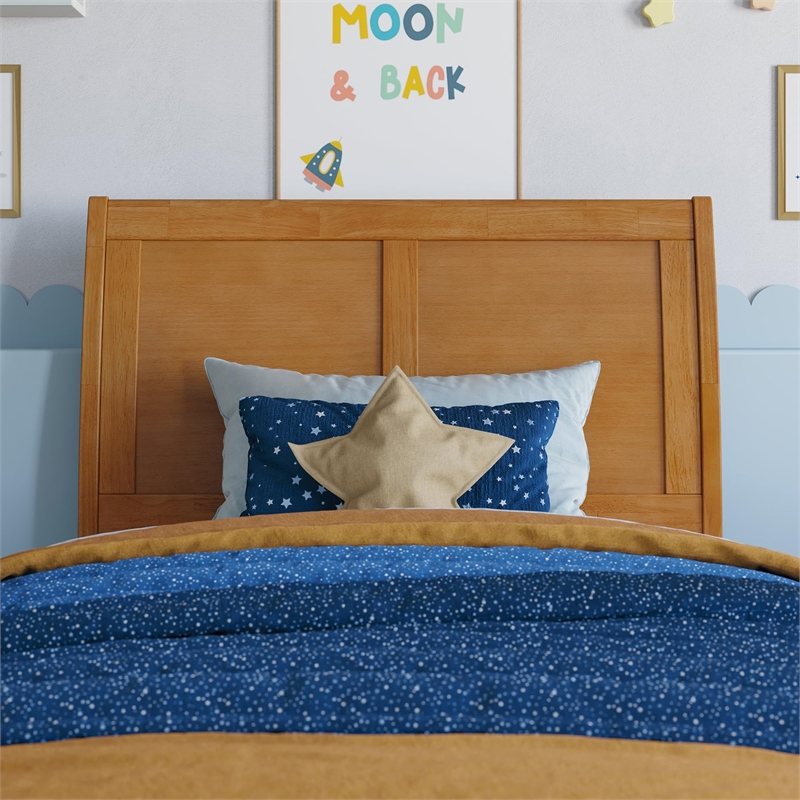 Portland Queen Wood Platform Bed with Footboard and Drawers in Light Toffee