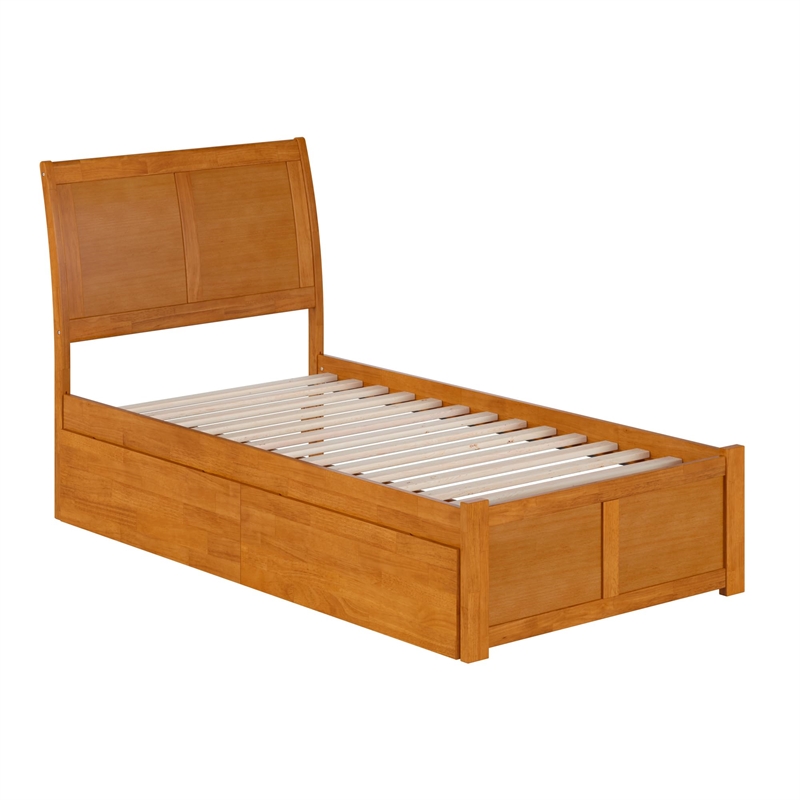 Portland Queen Wood Platform Bed with Footboard and Drawers in Light Toffee