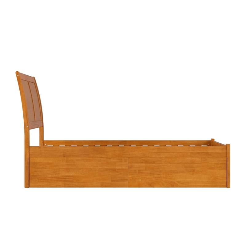 Portland Queen Wood Platform Bed with Footboard and Drawers in Light Toffee