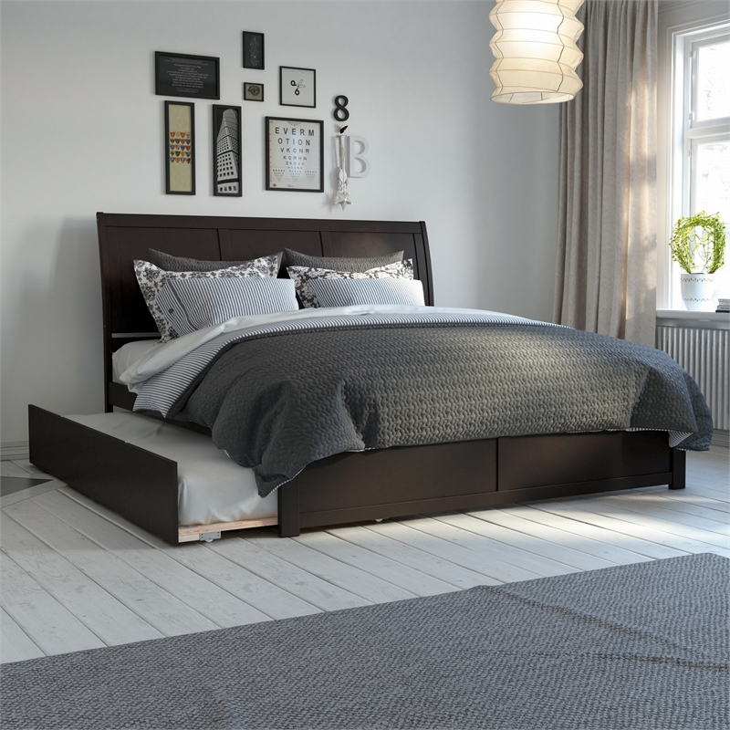 Portland King Wood Platform Bed with Footboard and Twin XL Trundle in Espresso