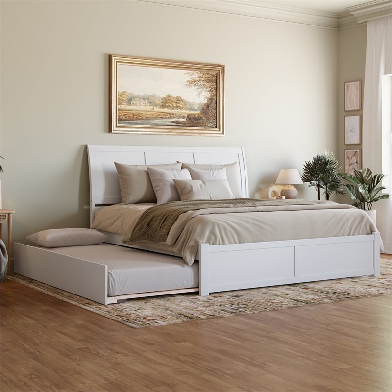 Portland King Wood Platform Bed with Footboard and Twin XL Trundle in White