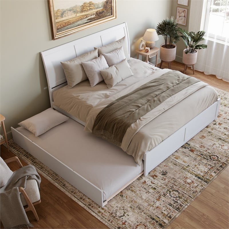 Portland King Wood Platform Bed with Footboard and Twin XL Trundle in White