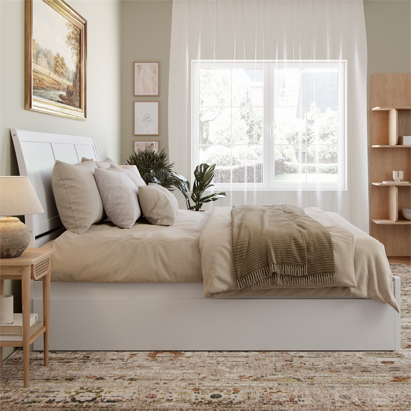 Portland King Wood Platform Bed with Footboard and Twin XL Trundle in White