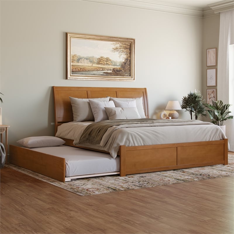 Portland King Wood Platform Bed with Footboard and TXL Trundle in Light Toffee