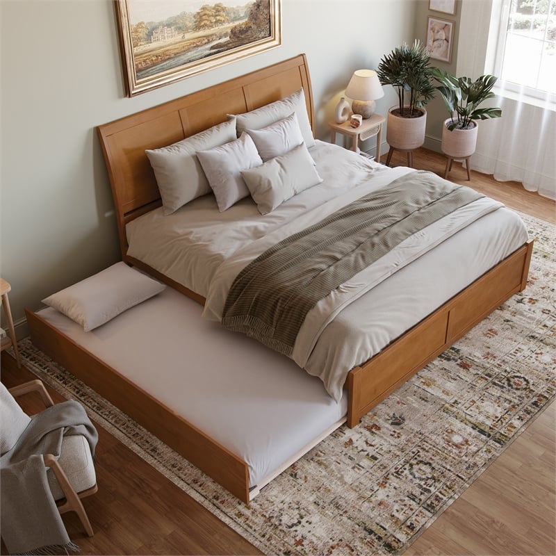 Portland King Wood Platform Bed with Footboard and TXL Trundle in Light Toffee