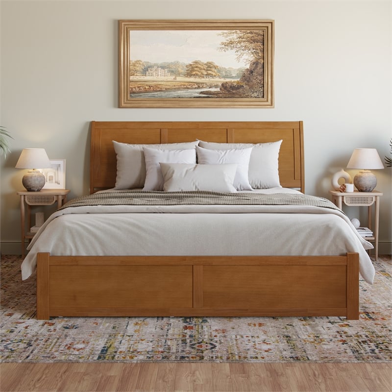 Portland King Wood Platform Bed with Footboard and TXL Trundle in Light Toffee