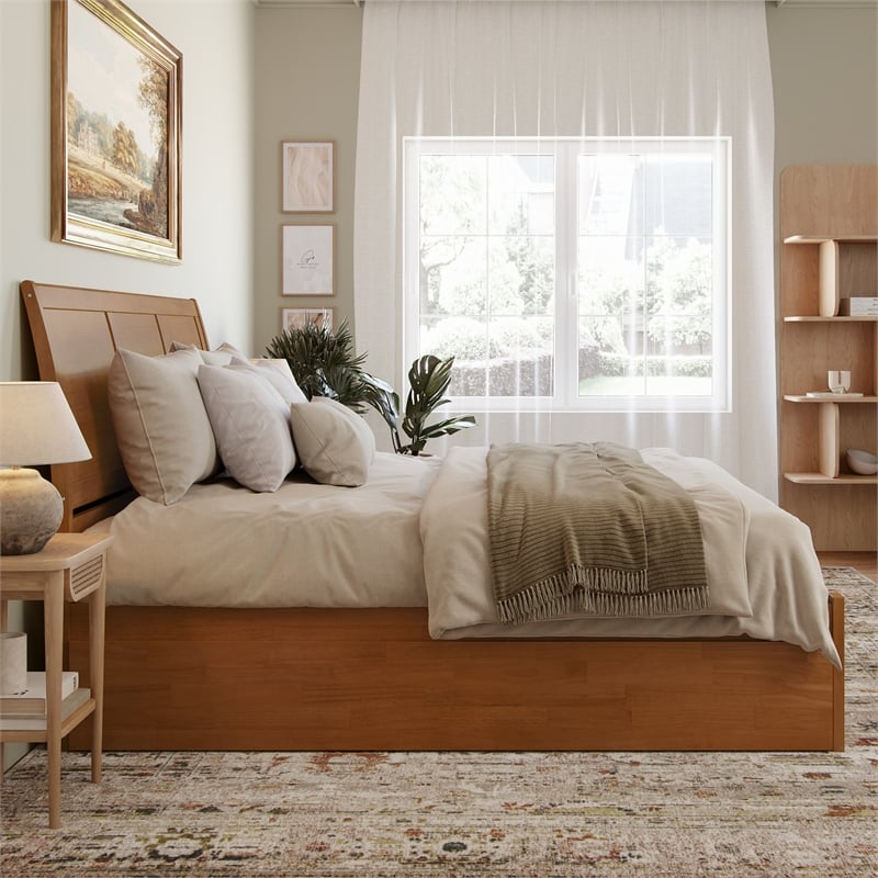 Portland King Wood Platform Bed with Footboard and TXL Trundle in Light Toffee
