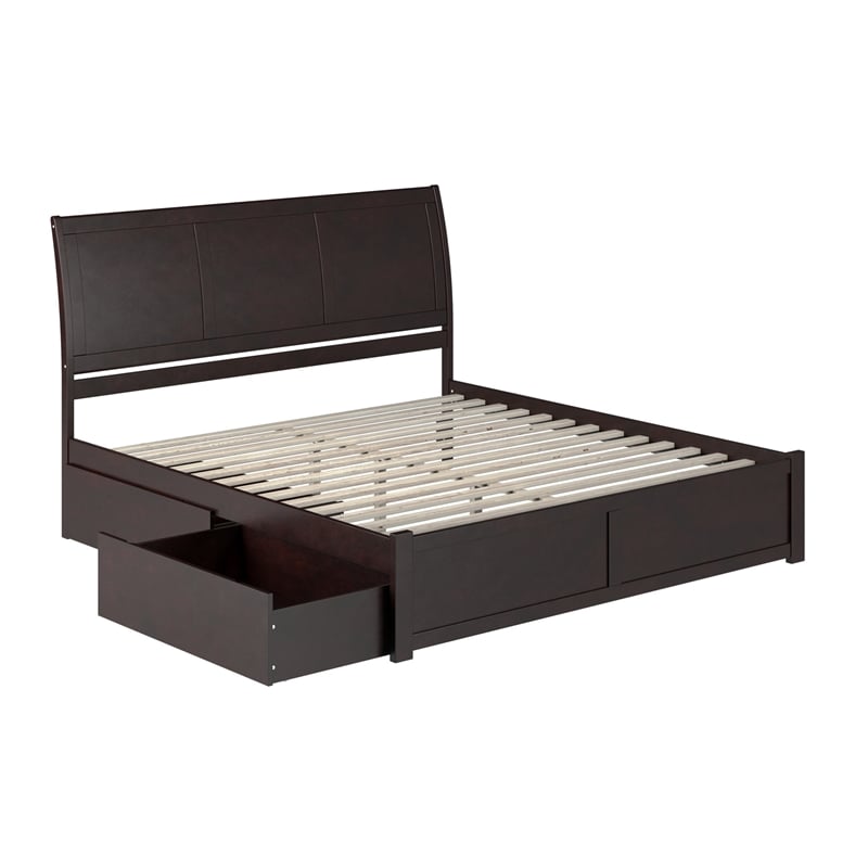 Portland King Wood Platform Bed with Footboard and Storage Drawers in Espresso