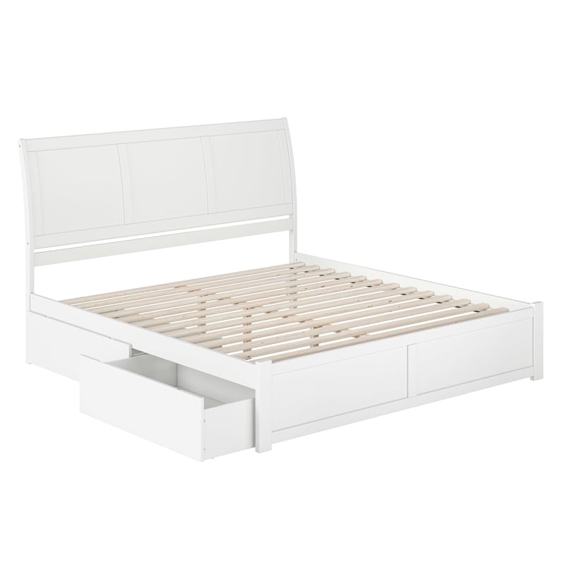Portland King Wood Platform Bed with Footboard and Storage Drawers in White