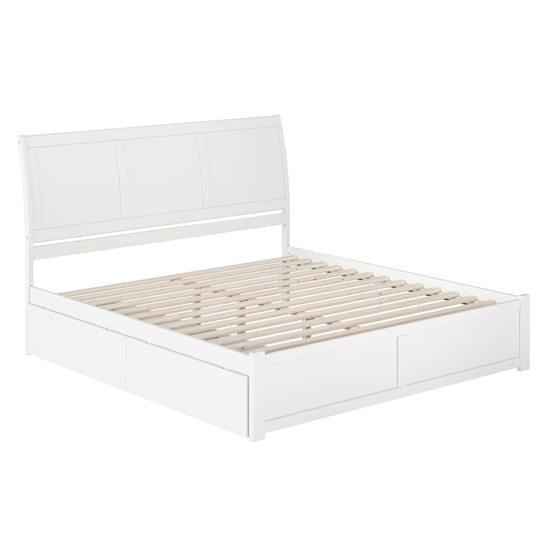 Portland King Wood Platform Bed with Footboard and Storage Drawers in White