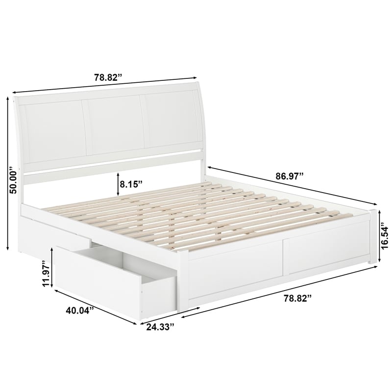 Portland King Wood Platform Bed with Footboard and Storage Drawers in White