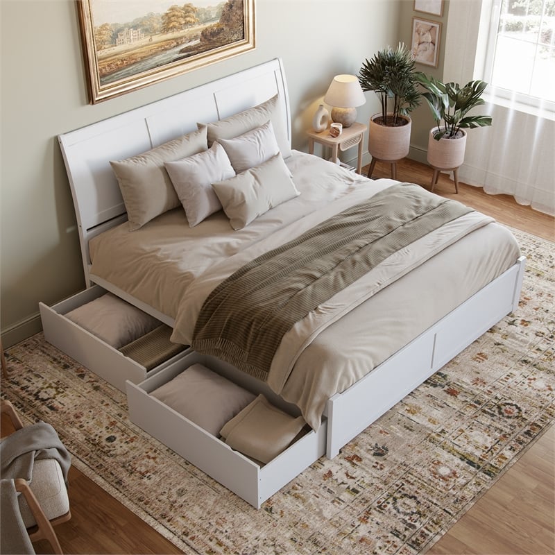 Portland King Wood Platform Bed with Footboard and Storage Drawers in White