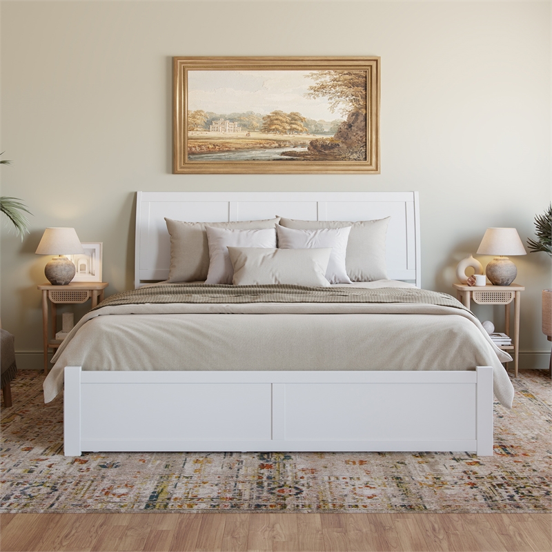 Portland King Wood Platform Bed with Footboard and Storage Drawers in White