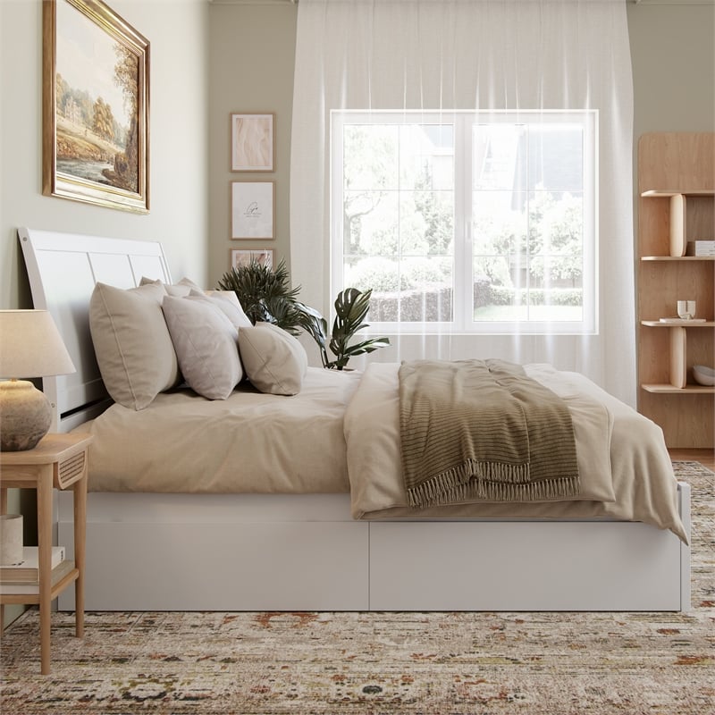 Portland King Wood Platform Bed with Footboard and Storage Drawers in White