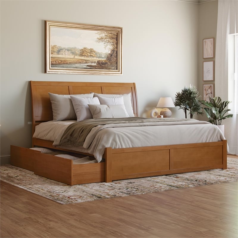 Portland King Wood Platform Bed with Footboard and Drawers in Light Toffee