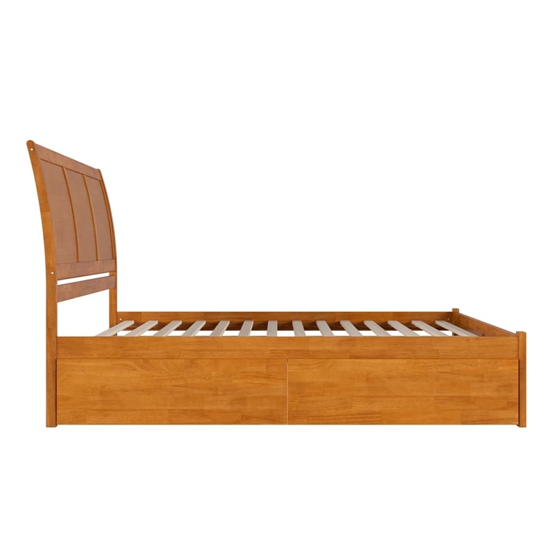 Portland King Wood Platform Bed with Footboard and Drawers in Light Toffee