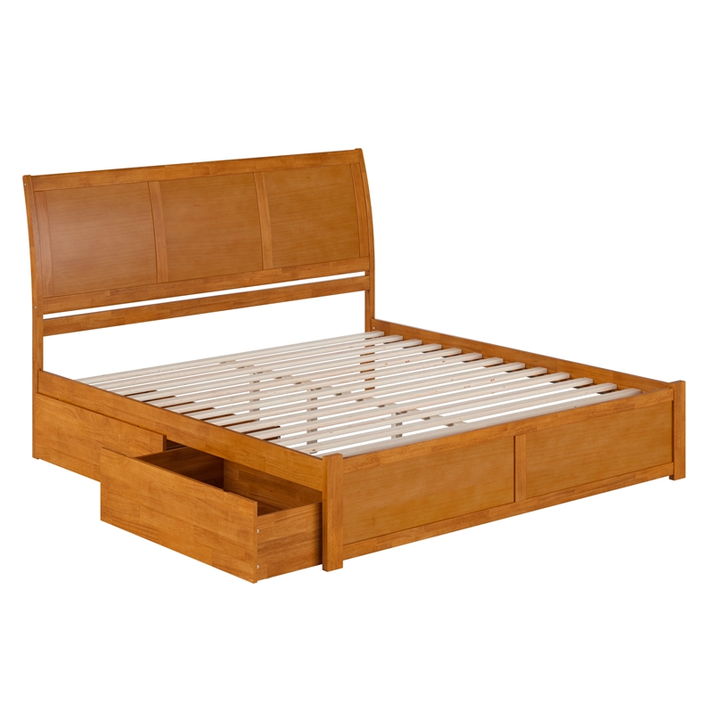 Portland King Wood Platform Bed with Footboard and Drawers in Light Toffee