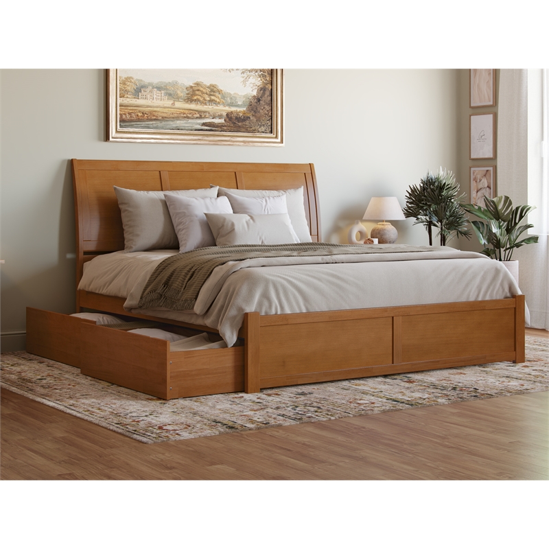 Portland King Wood Platform Bed with Footboard and Drawers in Light Toffee