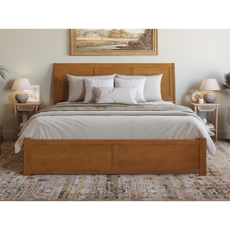 Portland King Wood Platform Bed with Footboard and Drawers in Light Toffee