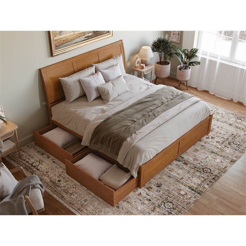 Portland King Wood Platform Bed with Footboard and Drawers in Light Toffee