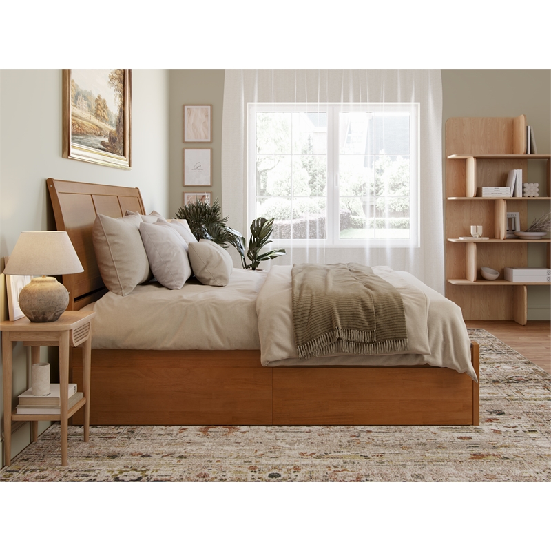 Portland King Wood Platform Bed with Footboard and Drawers in Light Toffee
