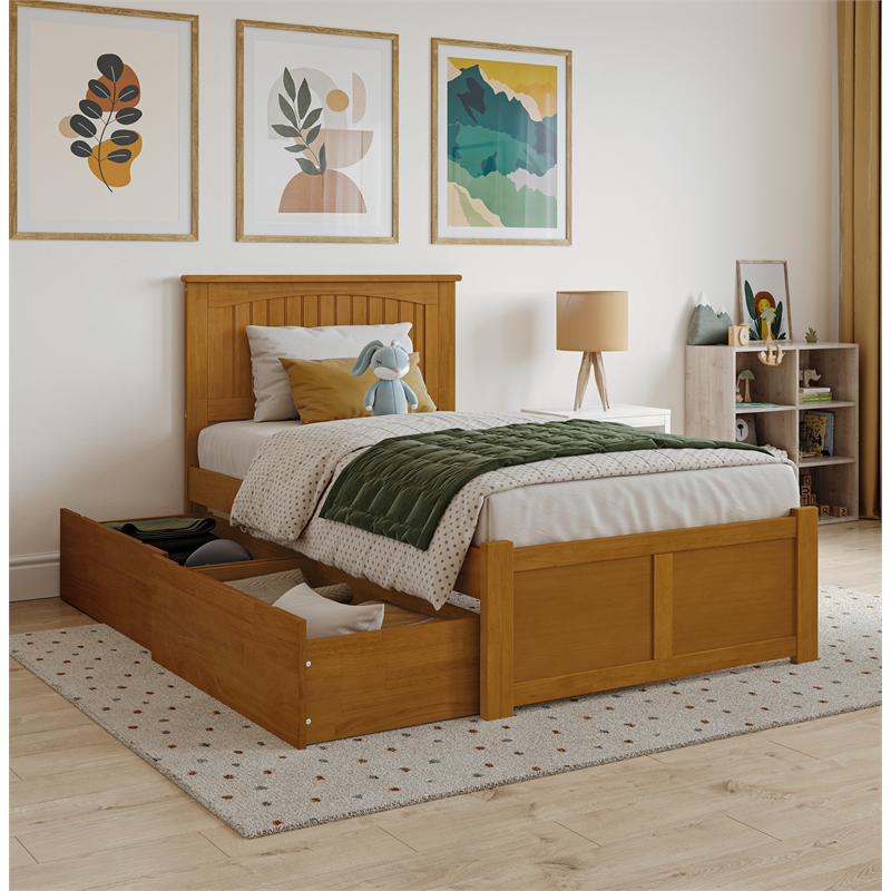 Nantucket Twin Wood Platform Bed with Footboard and Drawers in Light Toffee
