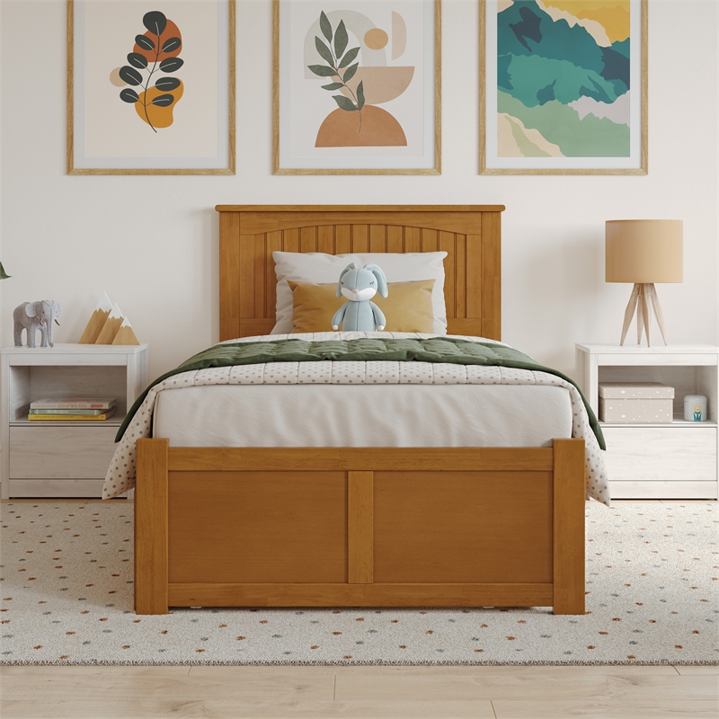 Nantucket Twin Wood Platform Bed with Footboard and Drawers in Light Toffee