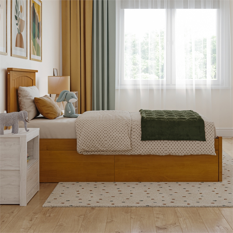 Nantucket Twin Wood Platform Bed with Footboard and Drawers in Light Toffee
