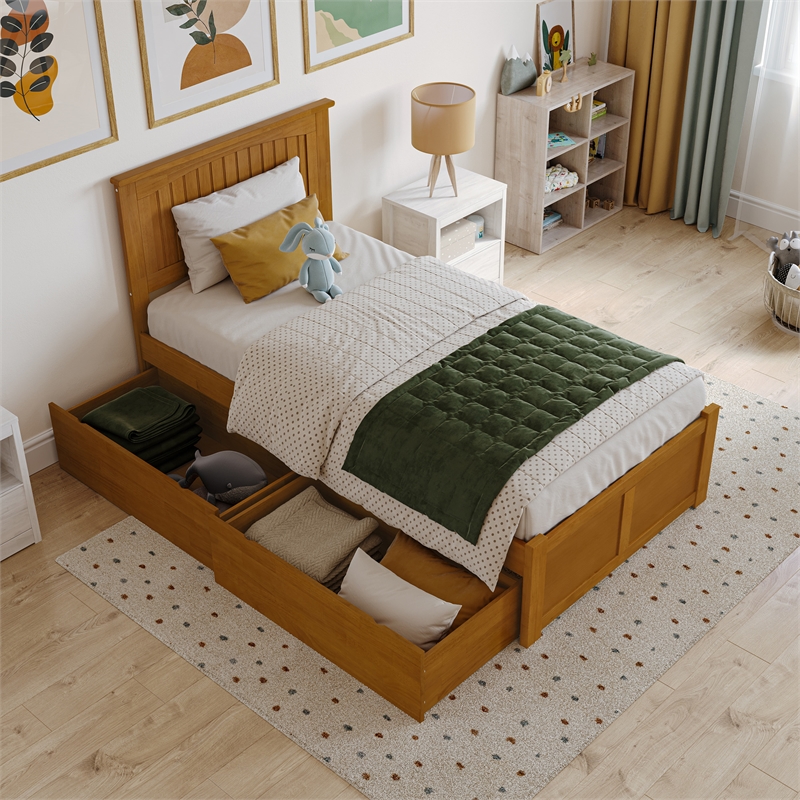Nantucket Twin Wood Platform Bed with Footboard and Drawers in Light Toffee