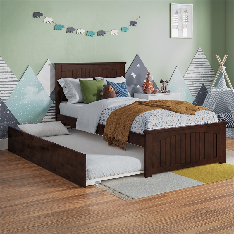 Nantucket Twin Platform Bed with Matching Footboard and Twin Trundle in Walnut