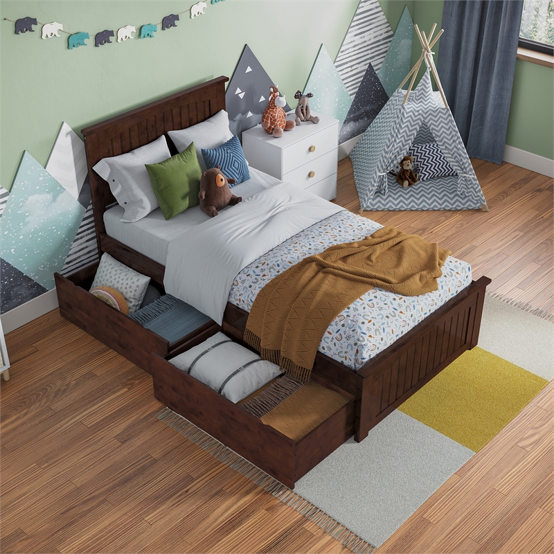 Nantucket Twin Wood Platform Bed with Matching Footboard and Drawers in Walnut
