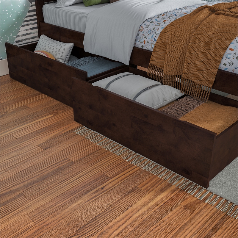 Nantucket Twin Wood Platform Bed with Matching Footboard and Drawers in Walnut