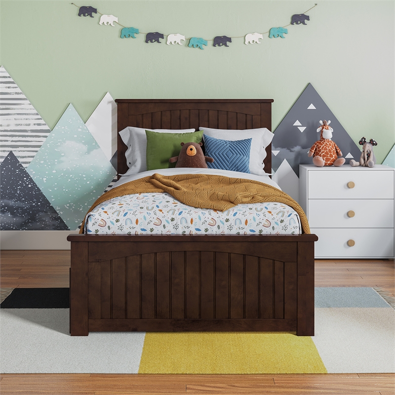 Nantucket Twin Wood Platform Bed with Matching Footboard and Drawers in Walnut