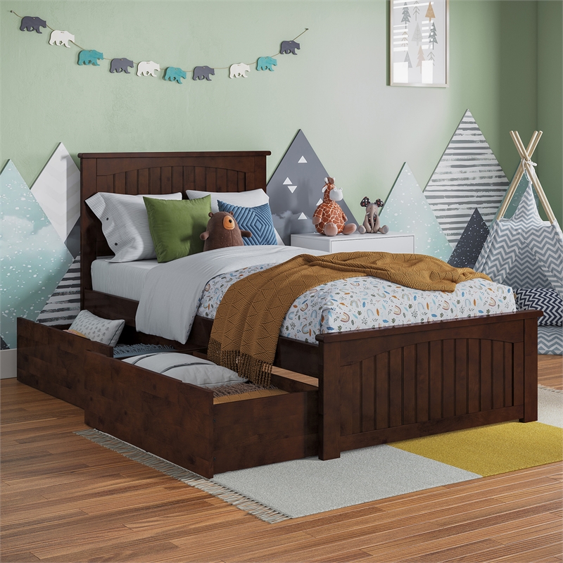 Nantucket Twin Wood Platform Bed with Matching Footboard and Drawers in Walnut