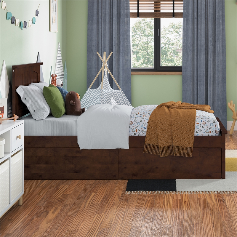 Nantucket Twin Wood Platform Bed with Matching Footboard and Drawers in Walnut